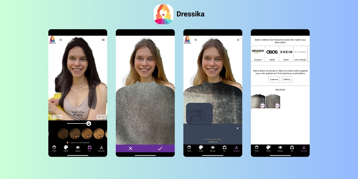Dressika app showing virtual fitting room and color analysis
