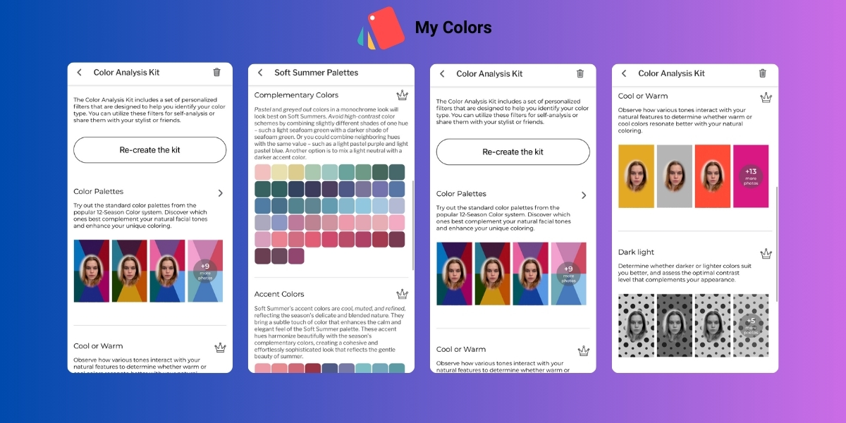 Colorwise My Best Colors app showing seasonal color palettes